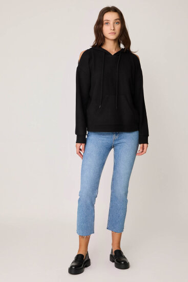 Omuz Dekolteli Kanguru Cep Kapüşonlu Sweatshirt Siyah