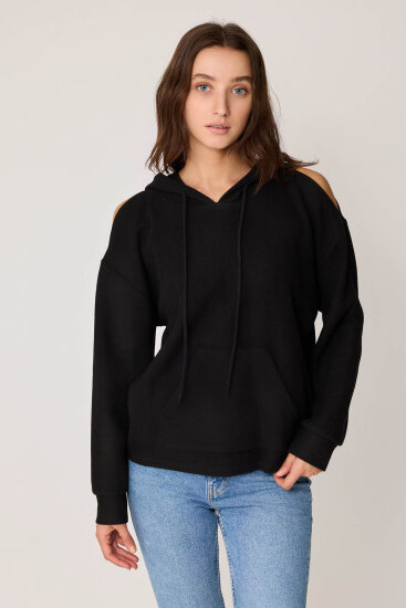 Omuz Dekolteli Kanguru Cep Kapüşonlu Sweatshirt - 14