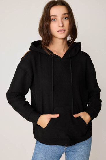 Omuz Dekolteli Kanguru Cep Kapüşonlu Sweatshirt - 13