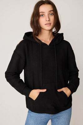 Omuz Dekolteli Kanguru Cep Kapüşonlu Sweatshirt - Thumbnail (12)