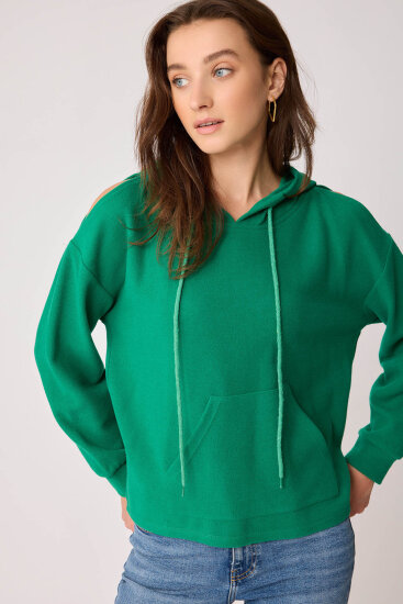 Omuz Dekolteli Kanguru Cep Kapüşonlu Sweatshirt - 19