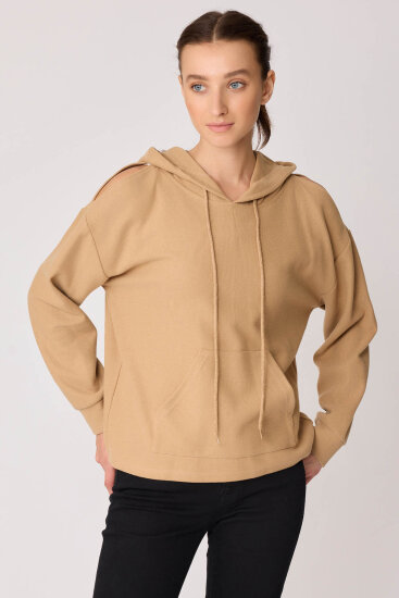 Omuz Dekolteli Kanguru Cep Kapüşonlu Sweatshirt - 24