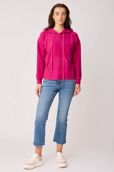 Omuz Dekolteli Kanguru Cep Kapüşonlu Sweatshirt FUŞYA