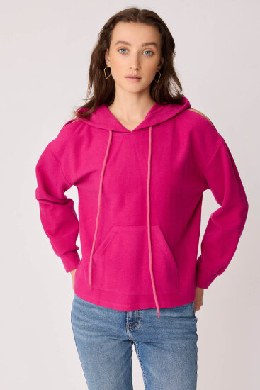 Omuz Dekolteli Kanguru Cep Kapüşonlu Sweatshirt - 29