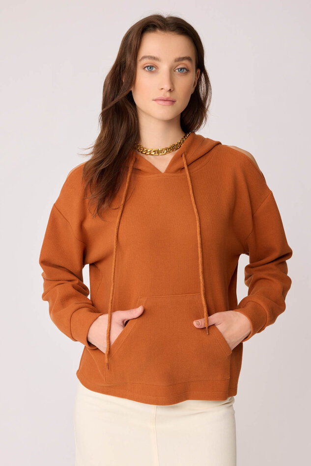 Omuz Dekolteli Kanguru Cep Kapüşonlu Sweatshirt - 33