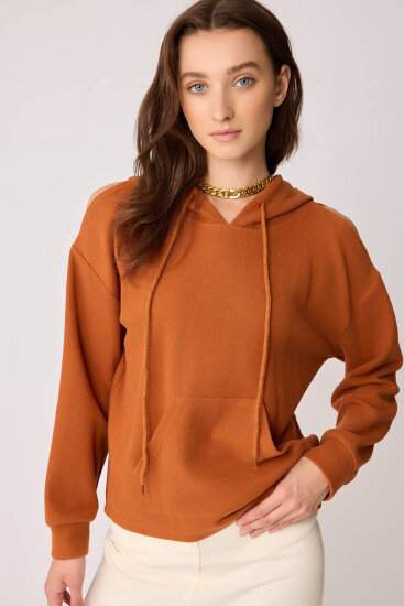 Omuz Dekolteli Kanguru Cep Kapüşonlu Sweatshirt - 34