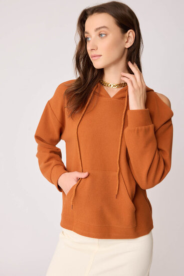 Omuz Dekolteli Kanguru Cep Kapüşonlu Sweatshirt - 35