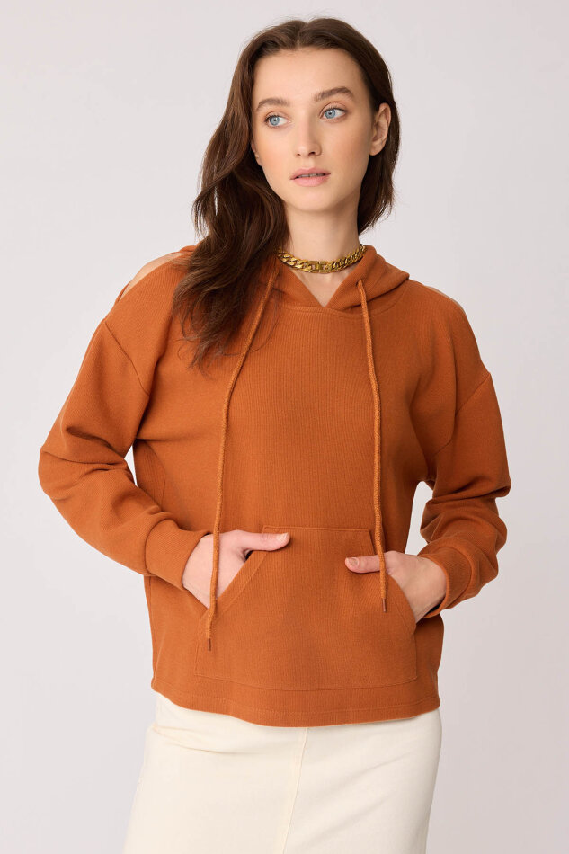 Omuz Dekolteli Kanguru Cep Kapüşonlu Sweatshirt - 36