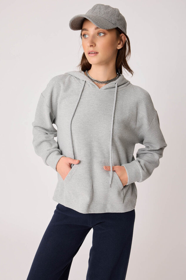 Omuz Dekolteli Kanguru Cep Kapüşonlu Sweatshirt - 40