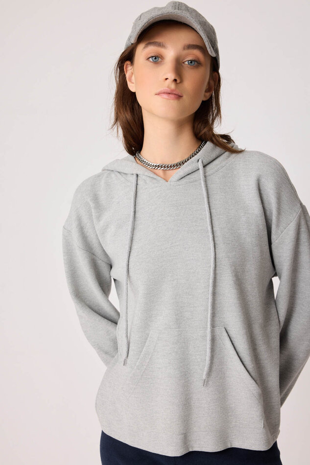 Omuz Dekolteli Kanguru Cep Kapüşonlu Sweatshirt - 41