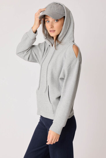 Omuz Dekolteli Kanguru Cep Kapüşonlu Sweatshirt - 43