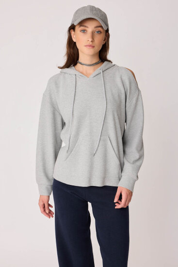 Omuz Dekolteli Kanguru Cep Kapüşonlu Sweatshirt Gri