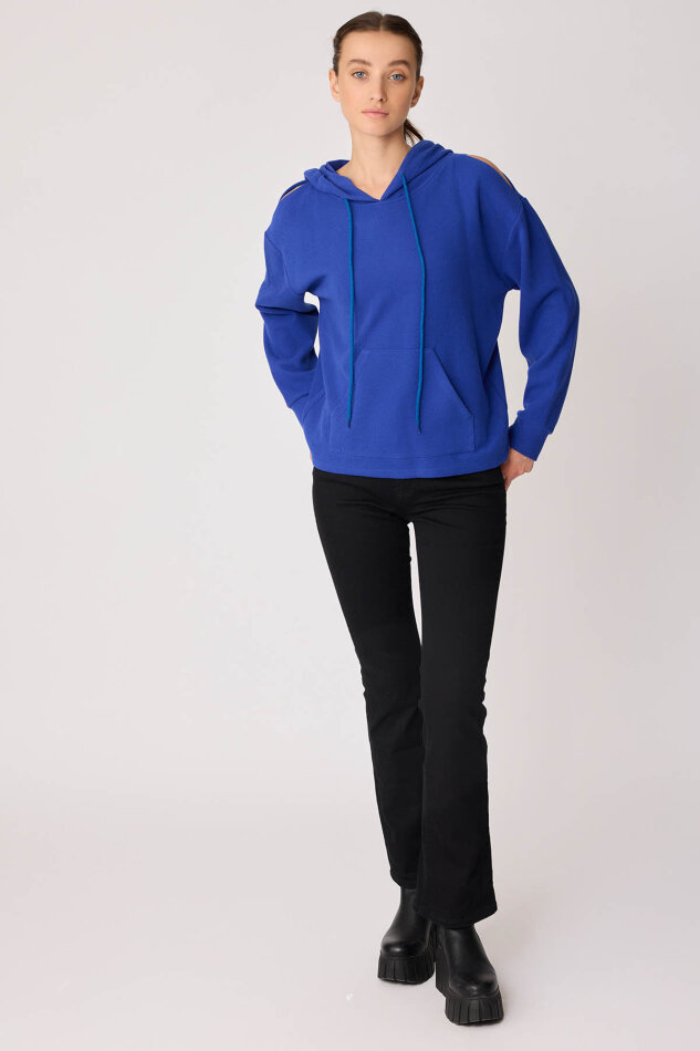 Omuz Dekolteli Kanguru Cep Kapüşonlu Sweatshirt - 45