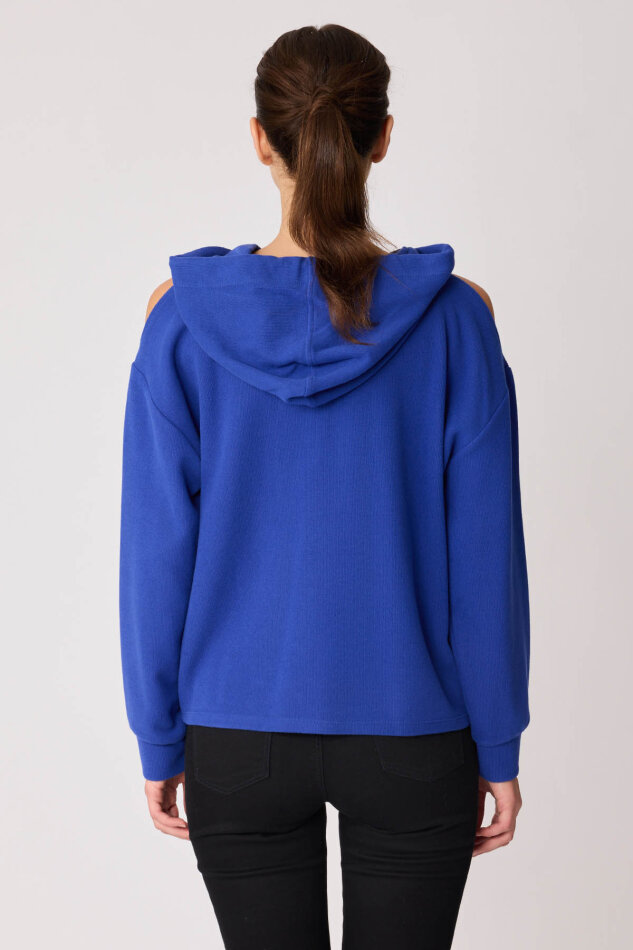 Omuz Dekolteli Kanguru Cep Kapüşonlu Sweatshirt - 48