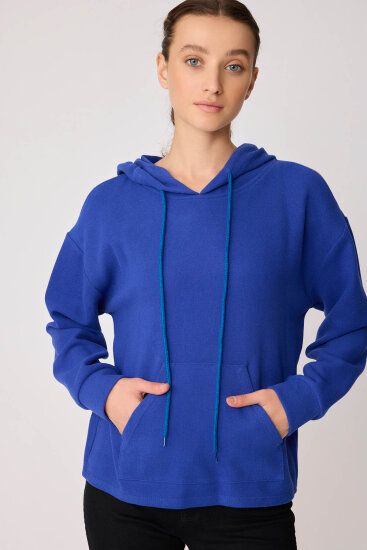 Omuz Dekolteli Kanguru Cep Kapüşonlu Sweatshirt - 46