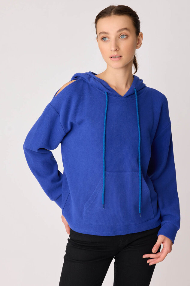 Omuz Dekolteli Kanguru Cep Kapüşonlu Sweatshirt - 44
