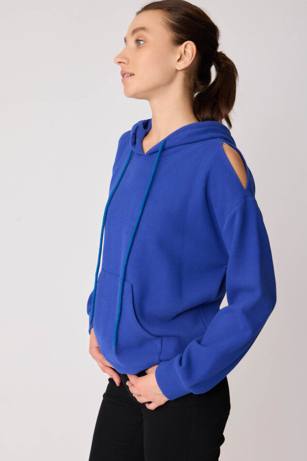 Omuz Dekolteli Kanguru Cep Kapüşonlu Sweatshirt - 47