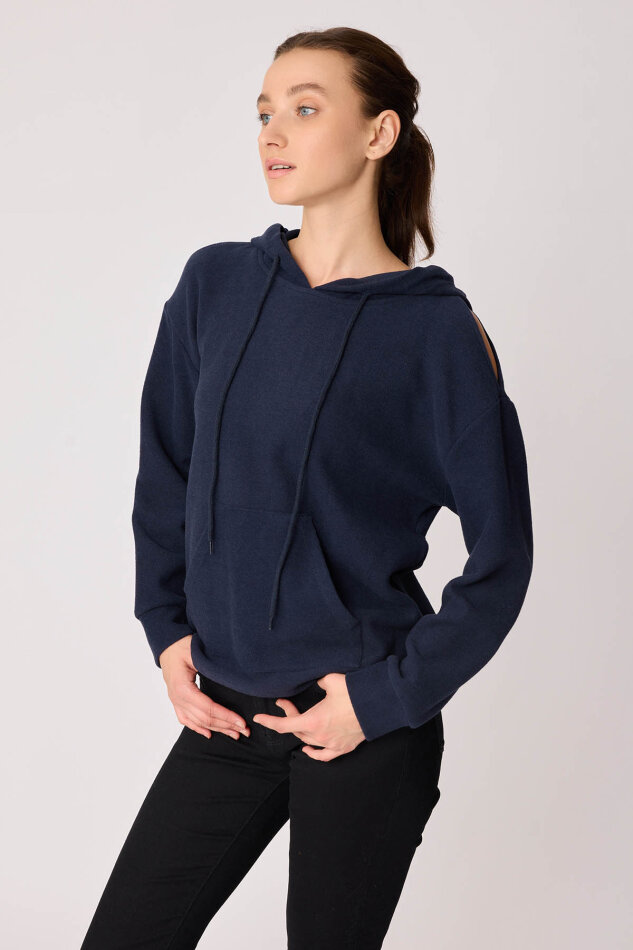 Omuz Dekolteli Kanguru Cep Kapüşonlu Sweatshirt - 51