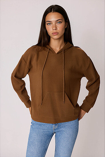 Omuz Dekolteli Kanguru Cep Kapüşonlu Sweatshirt - 47