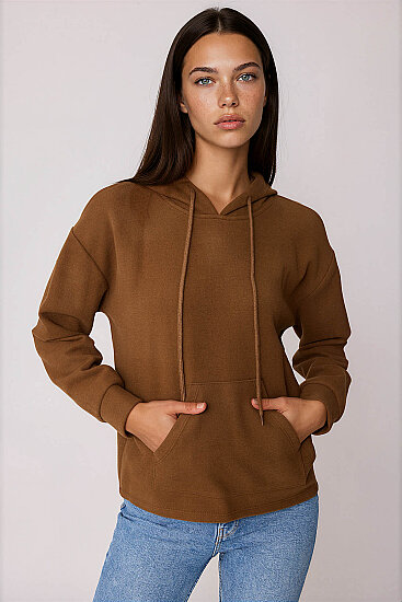 Omuz Dekolteli Kanguru Cep Kapüşonlu Sweatshirt Kahve