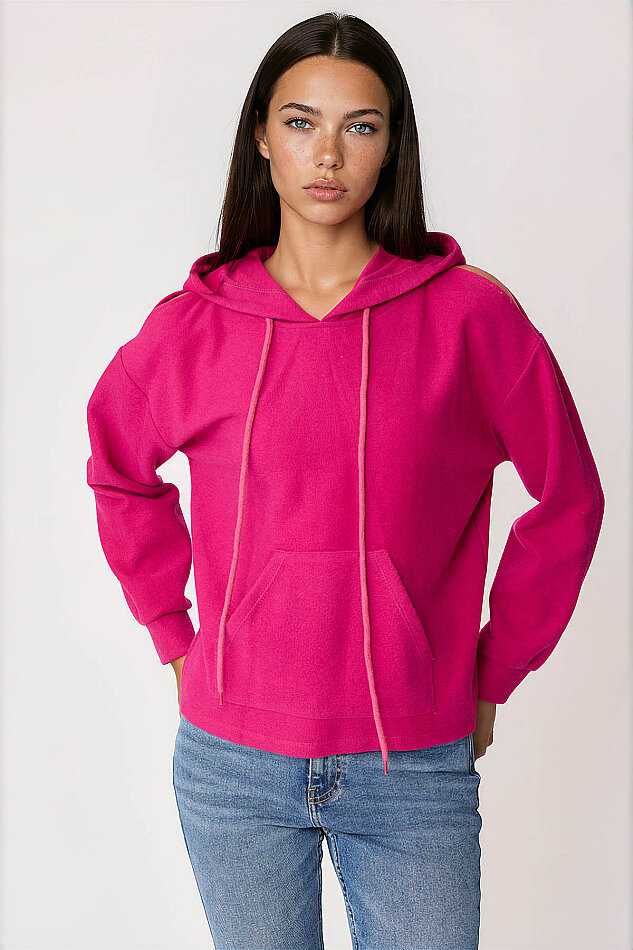 Omuz Dekolteli Kanguru Cep Kapüşonlu Sweatshirt