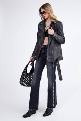 Omuzda Apolet Detaylı Kemerli Suni Deri Ceket - Thumbnail (5)