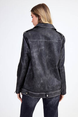 Omuzda Apolet Detaylı Kemerli Suni Deri Ceket - Thumbnail (4)