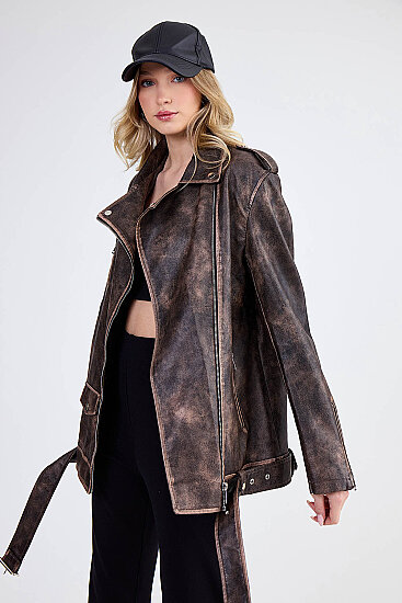 Omuzda Apolet Detaylı Kemerli Suni Deri Ceket - 13