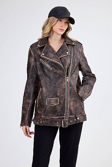 Omuzda Apolet Detaylı Kemerli Suni Deri Ceket - 9