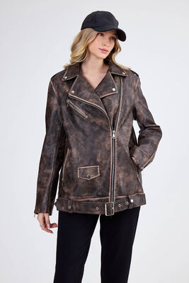 Omuzda Apolet Detaylı Kemerli Suni Deri Ceket - Thumbnail (8)