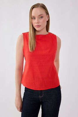 Omuzu Düğmeli Viskon Keten Bluz