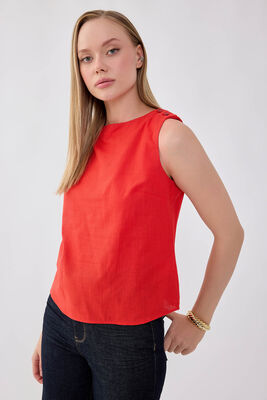 Omuzu Düğmeli Viskon Keten Bluz (1)