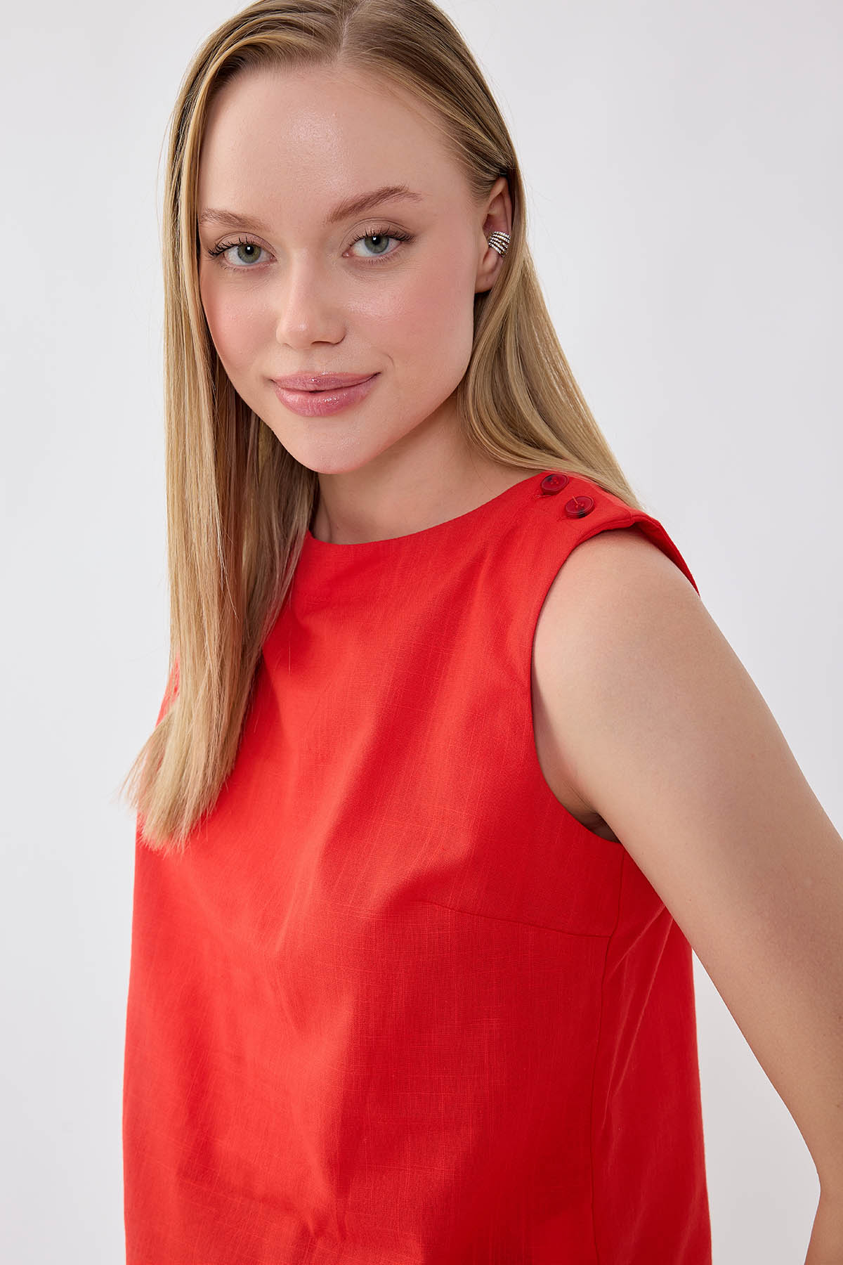 Omuzu Düğmeli Viskon Keten Bluz - Thumbnail