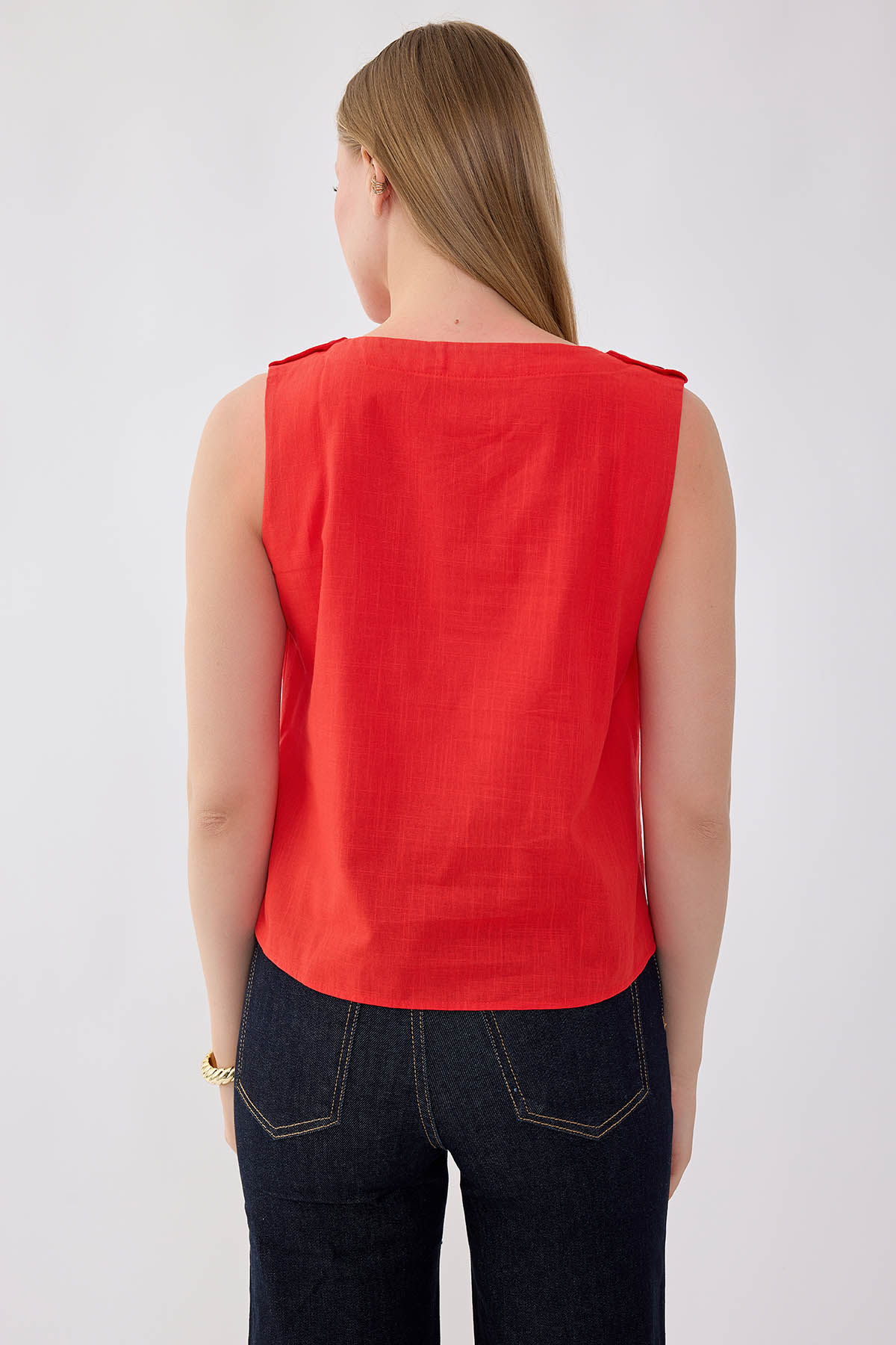 Omuzu Düğmeli Viskon Keten Bluz - Thumbnail