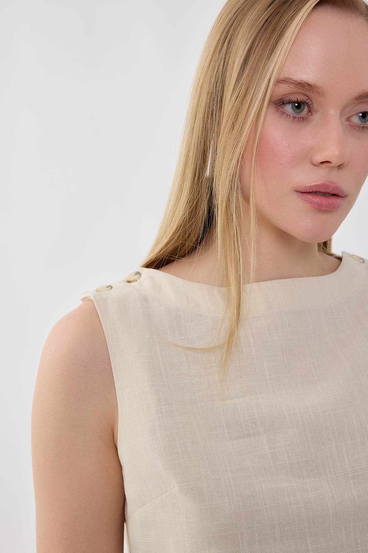 Omuzu Düğmeli Viskon Keten Bluz - Thumbnail