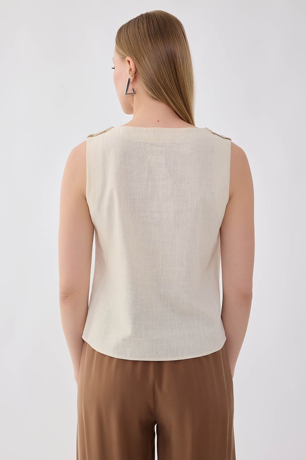 Omuzu Düğmeli Viskon Keten Bluz - Thumbnail