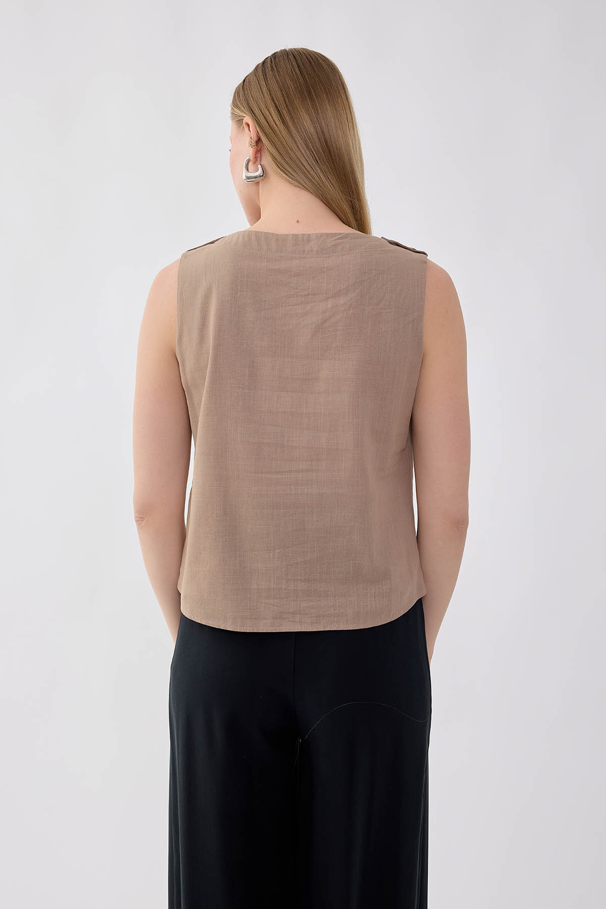 Omuzu Düğmeli Viskon Keten Bluz - Thumbnail