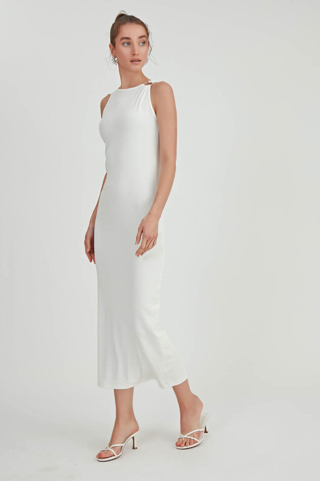 Omuzu Tokalı Uzun Örme Elbise - 7