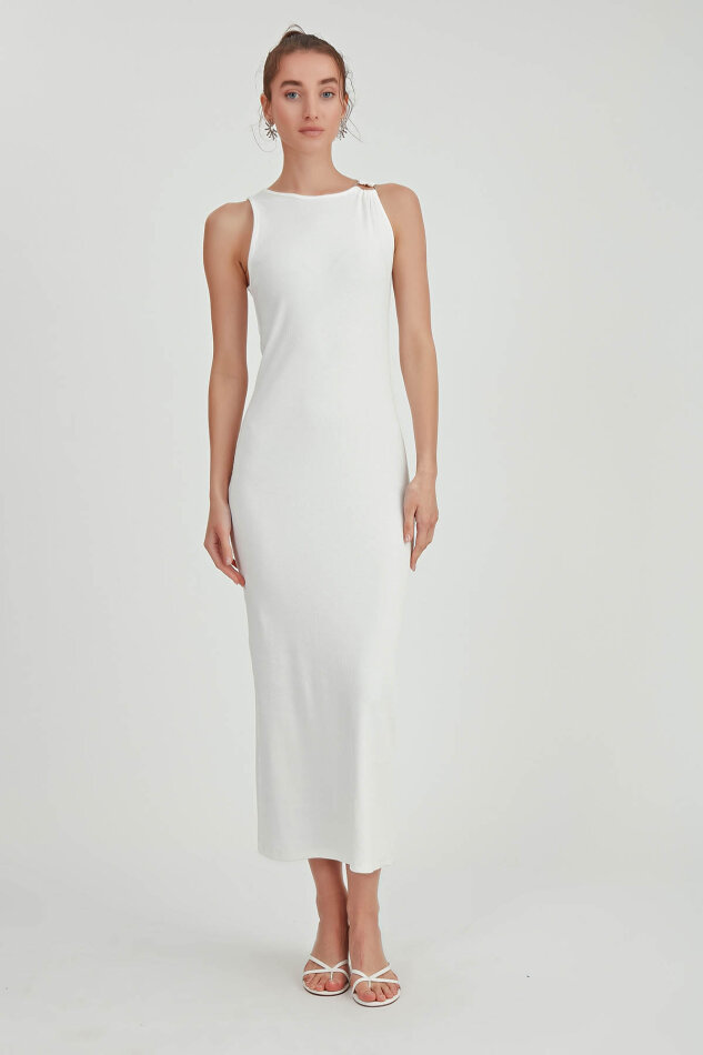 Omuzu Tokalı Uzun Örme Elbise - 3