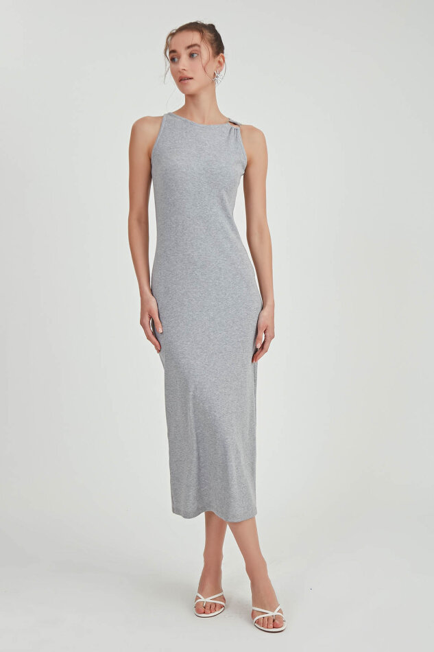 Omuzu Tokalı Uzun Örme Elbise - 10