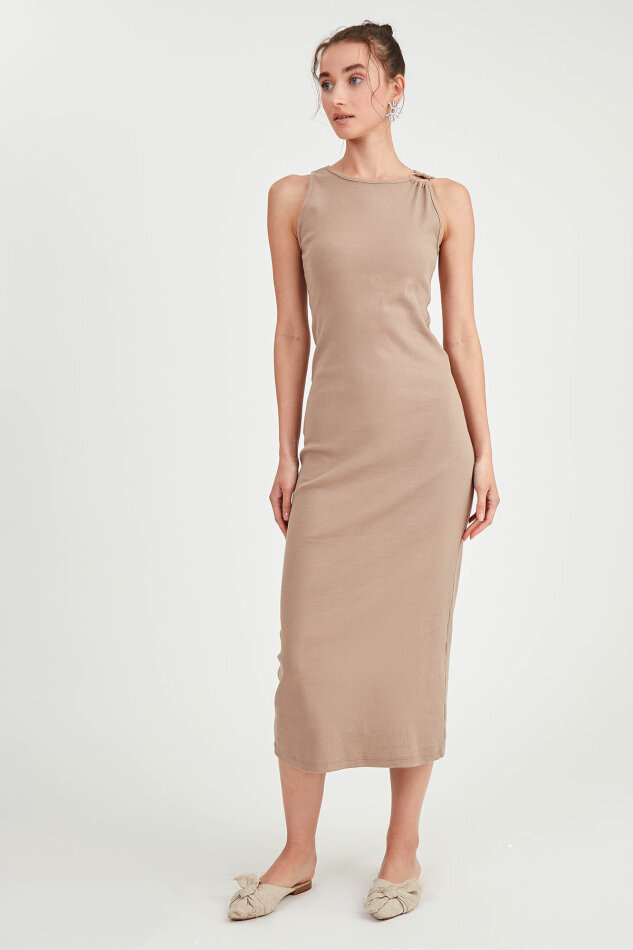 Omuzu Tokalı Uzun Örme Elbise - 14