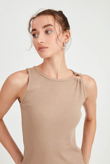 Omuzu Tokalı Uzun Örme Elbise - 16