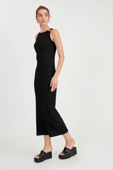 Omuzu Tokalı Uzun Örme Elbise - 21