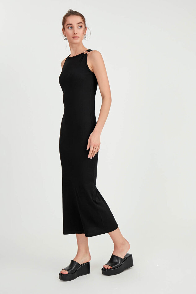 Omuzu Tokalı Uzun Örme Elbise - 21