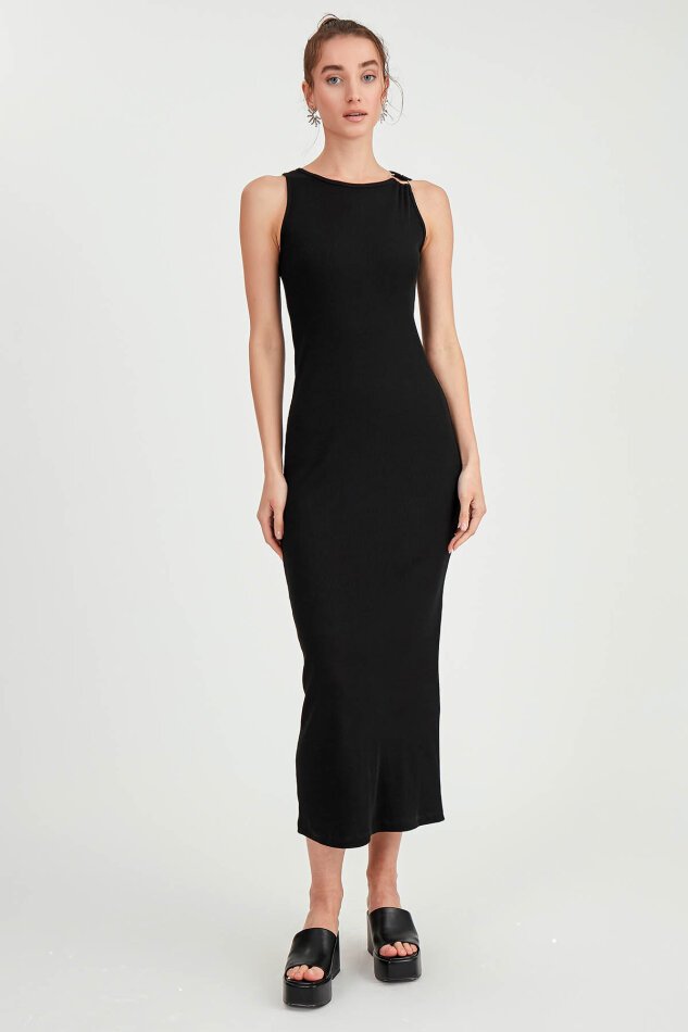 Omuzu Tokalı Uzun Örme Elbise - 18