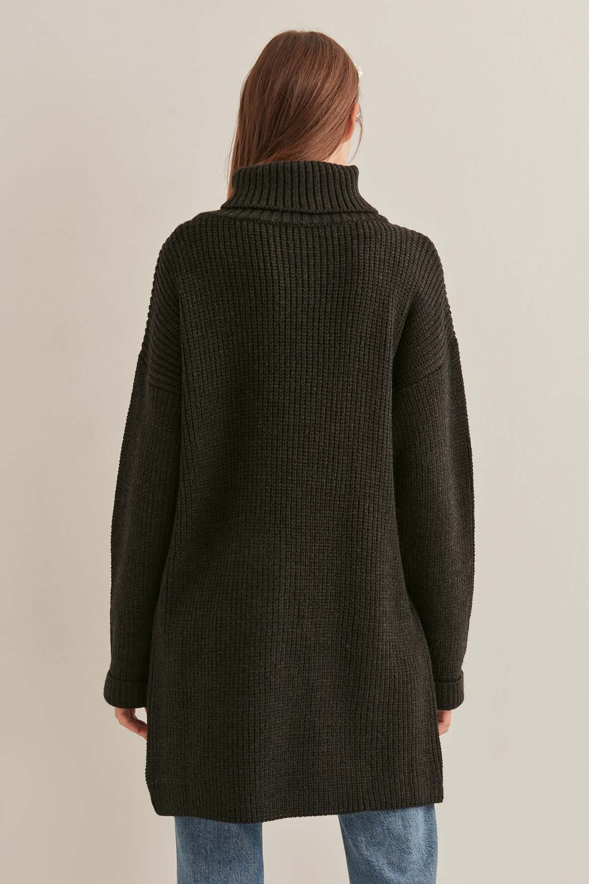 Önde Cep Detaylı Uzun Triko Kazak - Thumbnail