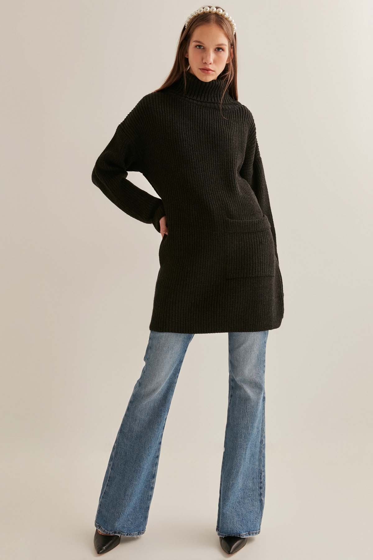 Önde Cep Detaylı Uzun Triko Kazak - Thumbnail