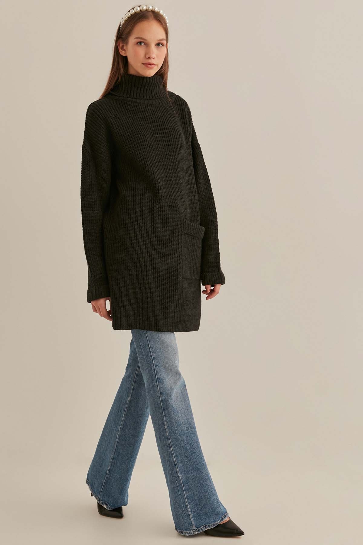 Önde Cep Detaylı Uzun Triko Kazak - Thumbnail