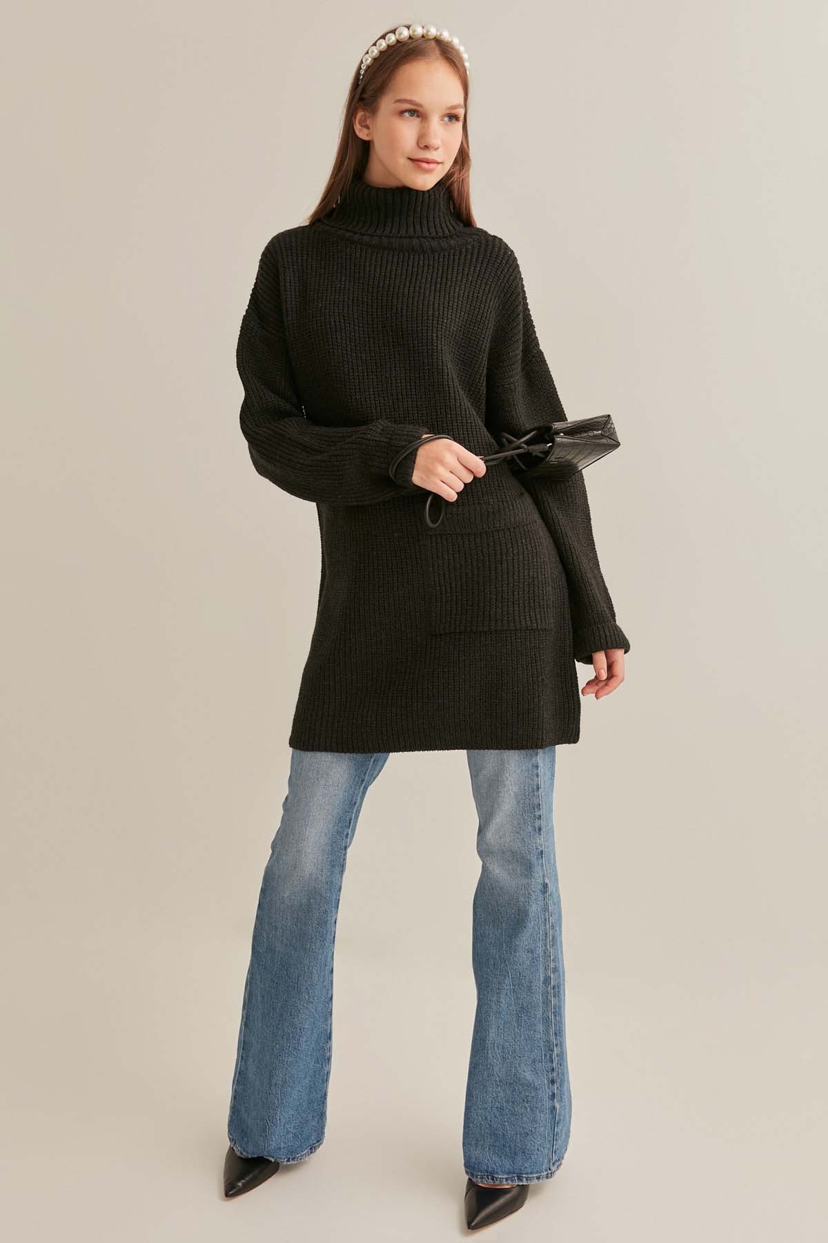 Önde Cep Detaylı Uzun Triko Kazak - Thumbnail