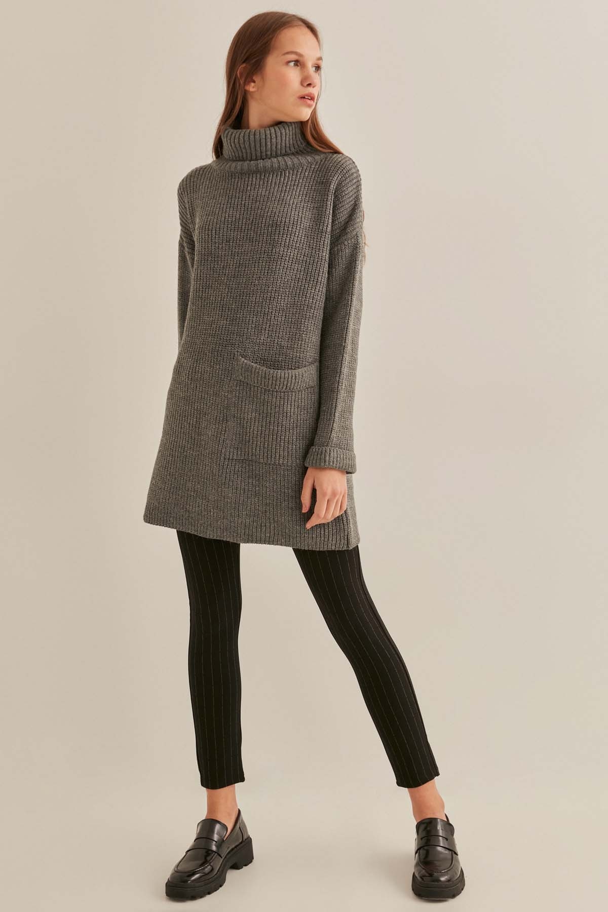 Önde Cep Detaylı Uzun Triko Kazak - Thumbnail